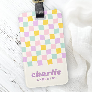 Pink yellow purple blue chequerboard name luggage tag