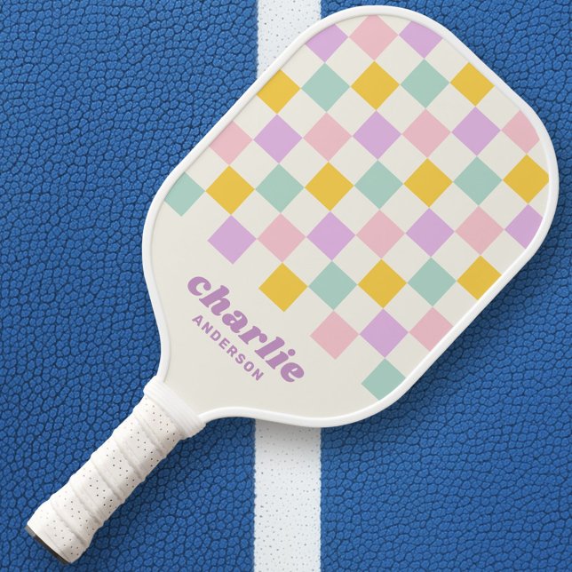 Pink yellow purple blue chequerboard retro pickleball paddle (Pink yellow purple blue checkerboard retro pickleball paddle)