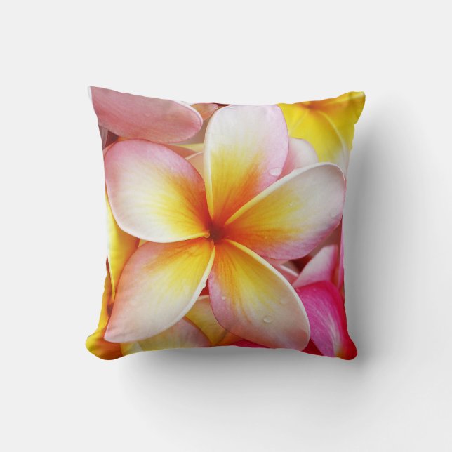 Pink Yellow Purple Plumeria Frangipani Flowers Cushion (Front)