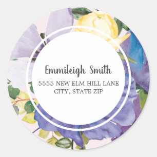 Pink Yellow Purple Watercolor Floral Address Classic Round Sticker