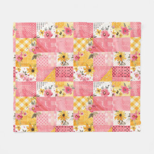 Pink Yellow Quilt Patchwork Gingham Cottagecore Fleece Blanket