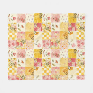 Pink Yellow Quilt Patchwork Gingham Cottagecore Fleece Blanket