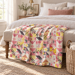 Pink Yellow Quilt Patchwork Gingham Cottagecore Fleece Blanket