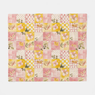 Pink Yellow Quilt Patchwork Gingham Cottagecore Fleece Blanket