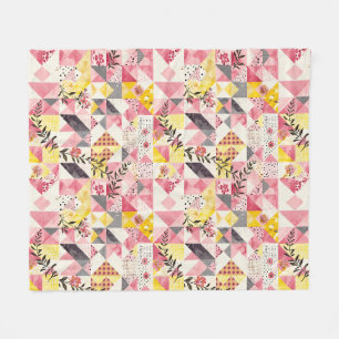 Pink Yellow Quilt Patchwork Gingham Cottagecore Fleece Blanket