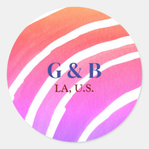 Pink yellow rainbow add couple name place city wed classic round sticker
