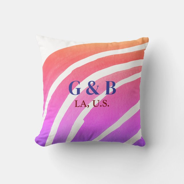Pink yellow rainbow add couple name place city wed cushion (Front)