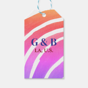 Pink yellow rainbow add couple name place city wed gift tags