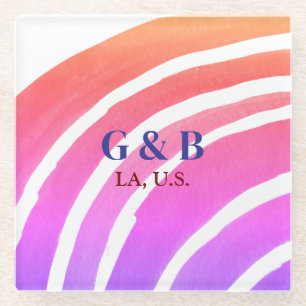 Pink yellow rainbow add couple name place city wed glass coaster