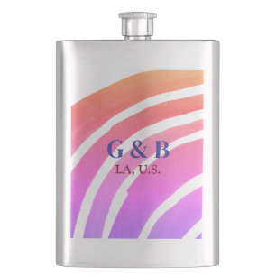 Pink yellow rainbow add couple name place city wed hip flask