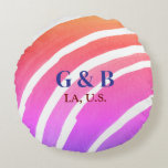 Pink yellow rainbow add couple name place city wed round cushion<br><div class="desc">design</div>