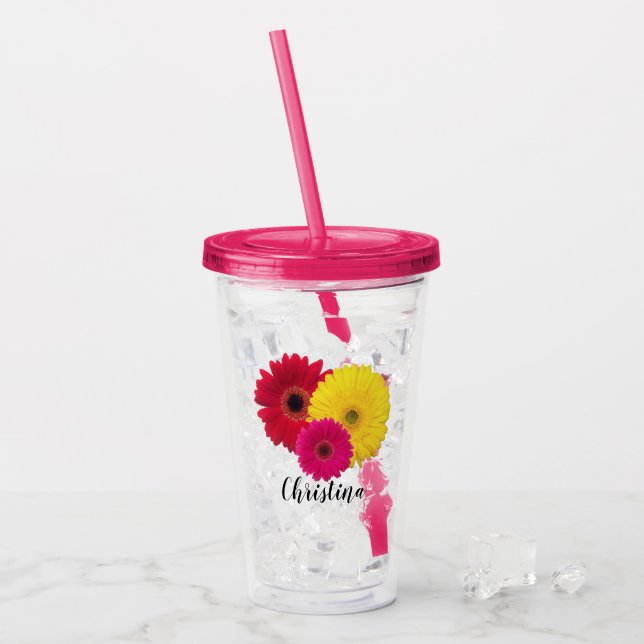 Pink Yellow Red Gerbera Daisy | Personalised Acrylic Tumbler (Front Ice)