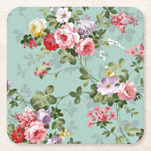 Pink Yellow Red Roses Vintage Style Square Paper Coaster