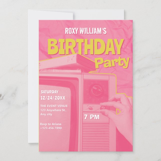 Pink yellow retro birthday invitation (Front)