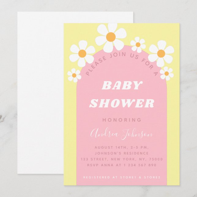 Pink Yellow Retro Boho Arch Daisy Cute Baby Shower Invitation (Front/Back)