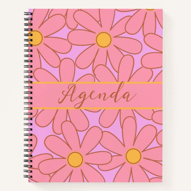 Pink & Yellow Retro Floral Pattern Notebook (Front)