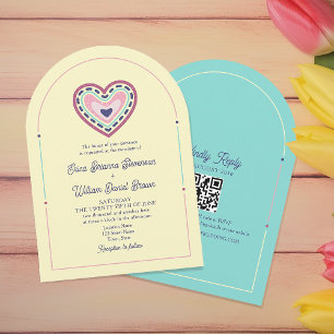 Pink Yellow Retro Wedding Invitation with QR Code