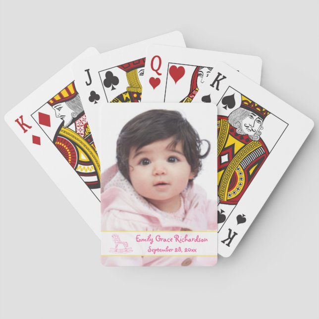 Pink Yellow Rocking Horse Baby Photo Playing Cards (Back)