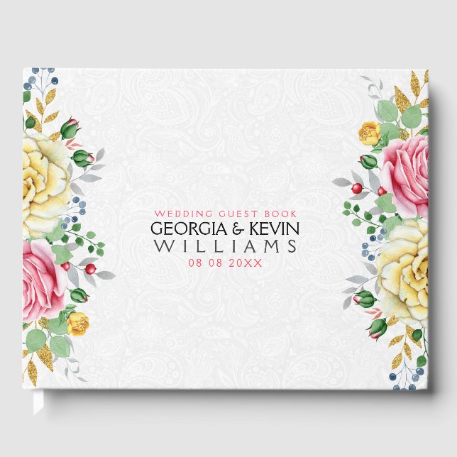 Pink & Yellow Rose Floral Bouquet Guest Book (Front)