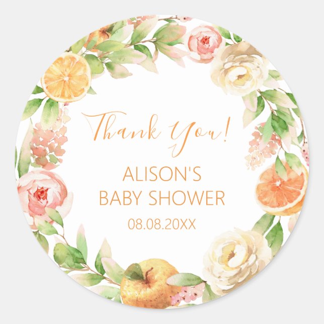 Pink Yellow Rose Floral Greenery Girl Baby Shower Classic Round Sticker (Front)