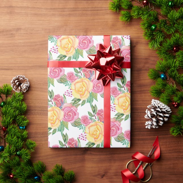 Pink Yellow Rose Flower  Wrapping Paper (Holiday Gift)