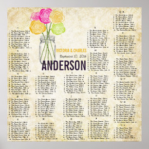 Pink & Yellow Rose Vintage Mason Jar Seating Chart