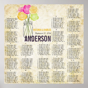Pink & Yellow Rose Vintage Mason Jar Seating Chart
