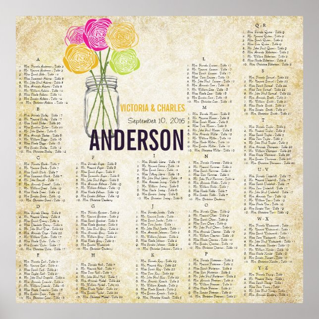 Pink & Yellow Rose Vintage Mason Jar Seating Chart (Front)