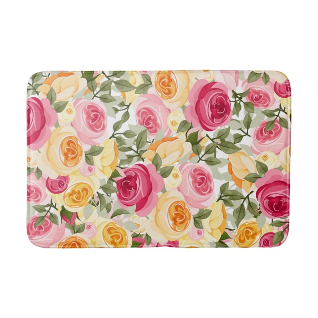 Pink & Yellow Roses Farmhouse Shabby Chic Floral Bath Mat (Front)