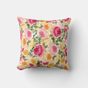 Pink & Yellow Roses Farmhouse Shabby Chic Floral Cushion