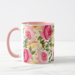Pink & Yellow Roses Farmhouse Shabby Chic Floral Mug