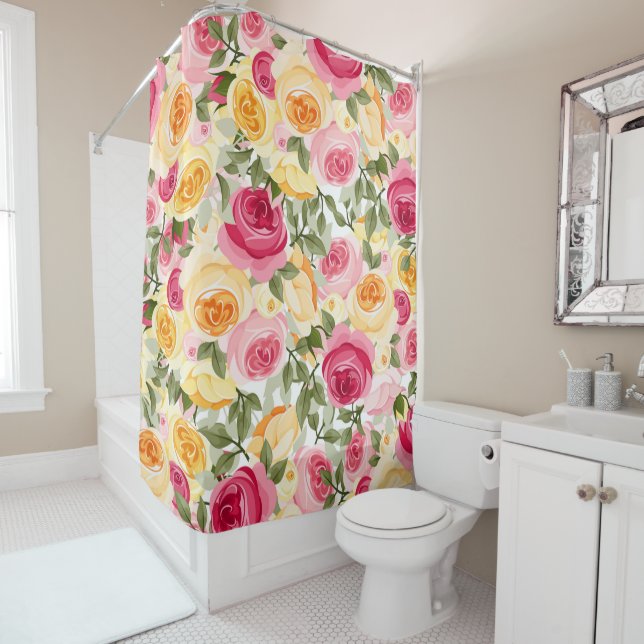 Pink & Yellow Roses Farmhouse Shabby Chic Floral Shower Curtain (In Situ)