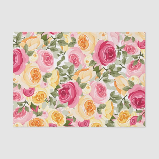 Pink & Yellow Roses Farmhouse Shabby Chic Floral Tissue Paper (Front)