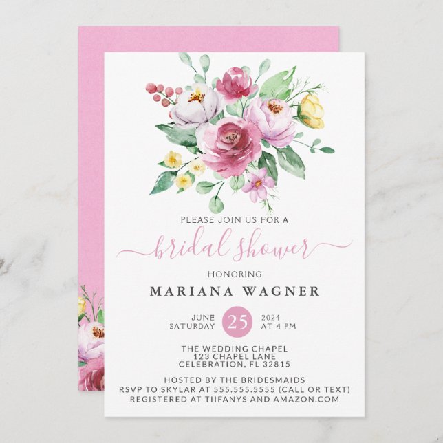 Pink Yellow Roses Floral Bridal Shower Invitation (Front/Back)