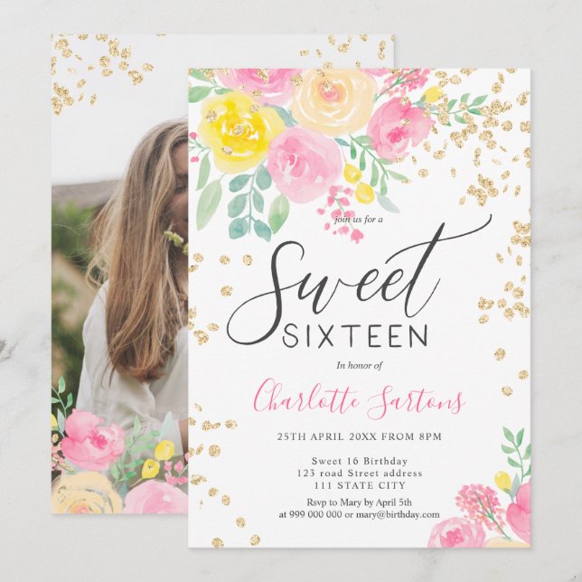 Pink yellow roses floral gold script sweet 16 invitation (Front/Back)