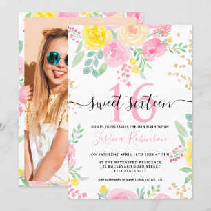 Pink yellow roses floral gold script Sweet 16 Invitation
