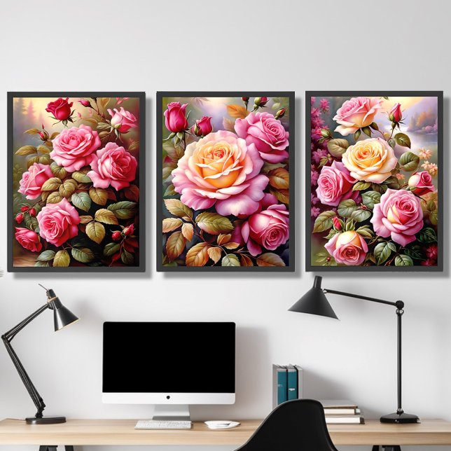 Pink Yellow Roses Landscape Watercolor Art (Black Frame)