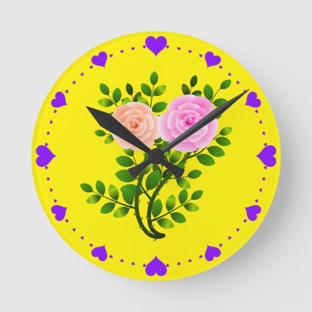 Pink Yellow Roses Round Clock (Front)