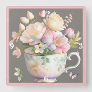 Pink & Yellow Roses Tulips Pretty Teacup Square Wall Clock