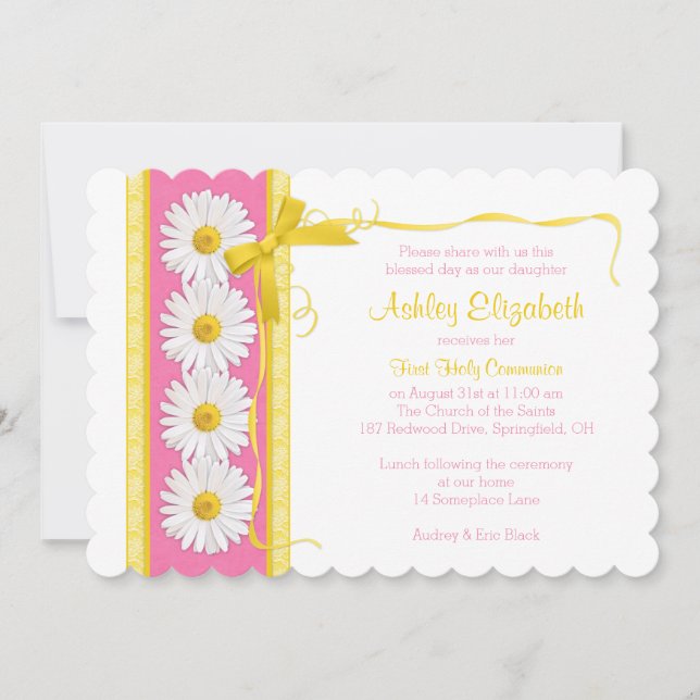 Pink Yellow Shasta Daisy Communion Invitation (Front)