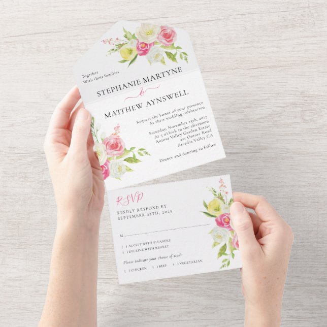 Pink Yellow Spring Floral Wedding All In One Invitation (Tearaway)