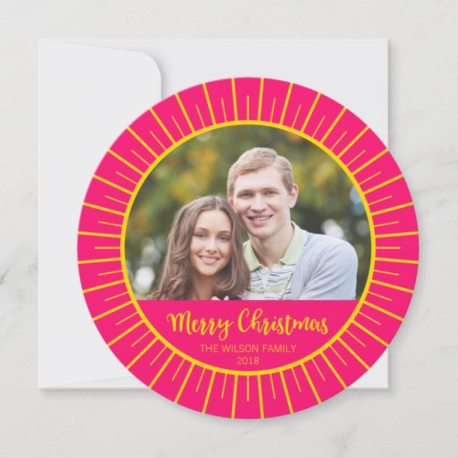 Pink Yellow Starburst Merry Christmas Photo Holiday Card (Front)