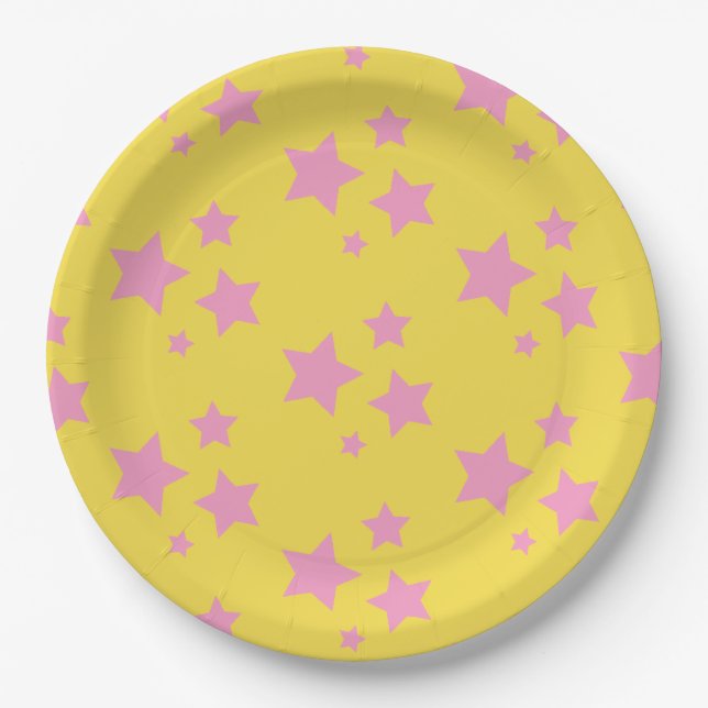 Pink Yellow Stars Kids Baby Circus Party Paper Plate (Front)