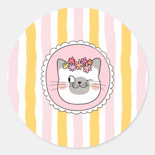 Pink Yellow Stripes Cat Classic Round Sticker (Front)