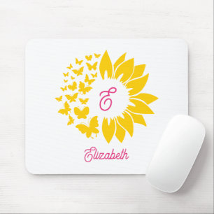 Pink Yellow Sunflower Floral Butterflies Mouse Mat