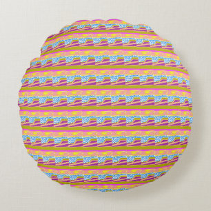 Pink Yellow Sunset Purple Boat Blue Waves Abstract Round Cushion