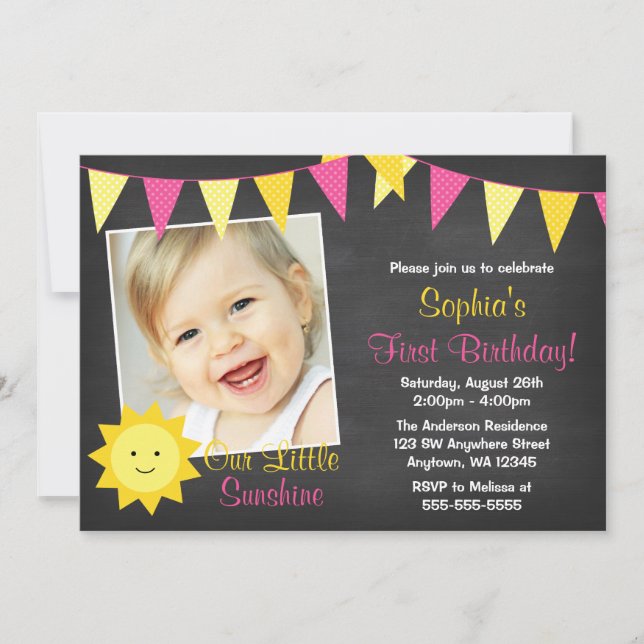 Pink Yellow Sunshine Chalkboard Photo Birthday Invitation (Front)