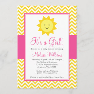 Pink Yellow Sunshine Chevron Girl Baby Shower Invitation