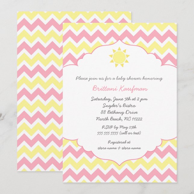 Pink Yellow Sunshine girl baby shower Invitation (Front/Back)