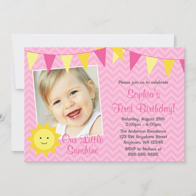 Pink Yellow Sunshine Photo Birthday Invitation (Front)